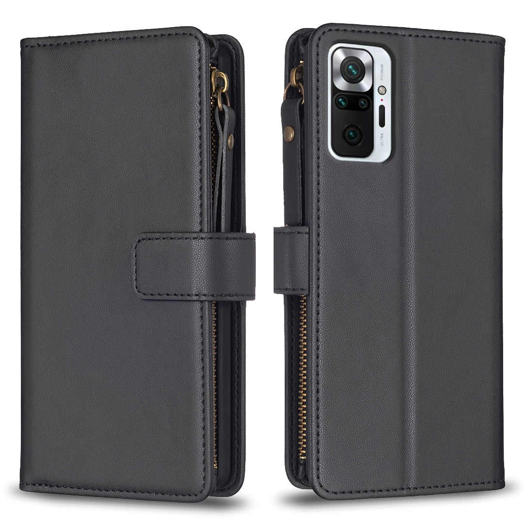 Xiaomi Redmi Note 10 Pro Leather Flip Wallet Phone Case with 9 Card Slots, Zipper Compartment, and Adjustable Stand