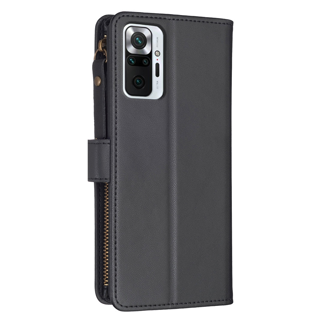 Xiaomi Redmi Note 10 Pro Leather Flip Wallet Phone Case with 9 Card Slots, Zipper Compartment, and Adjustable Stand