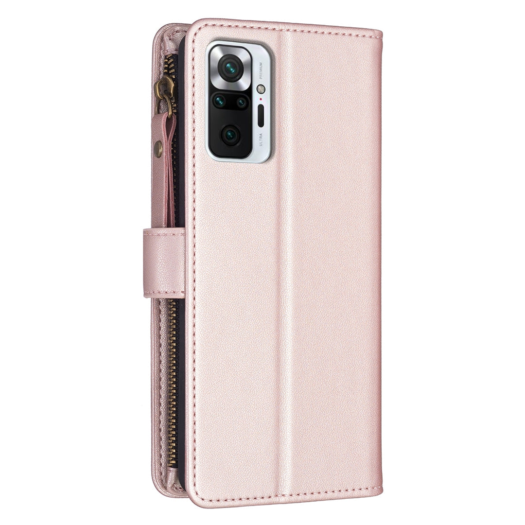 Xiaomi Redmi Note 10 Pro Leather Flip Wallet Phone Case with 9 Card Slots, Zipper Compartment, and Adjustable Stand
