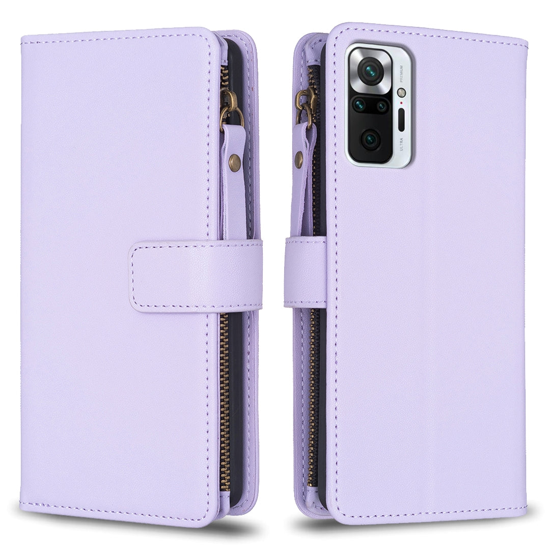 Xiaomi Redmi Note 10 Pro Leather Flip Wallet Phone Case with 9 Card Slots, Zipper Compartment, and Adjustable Stand