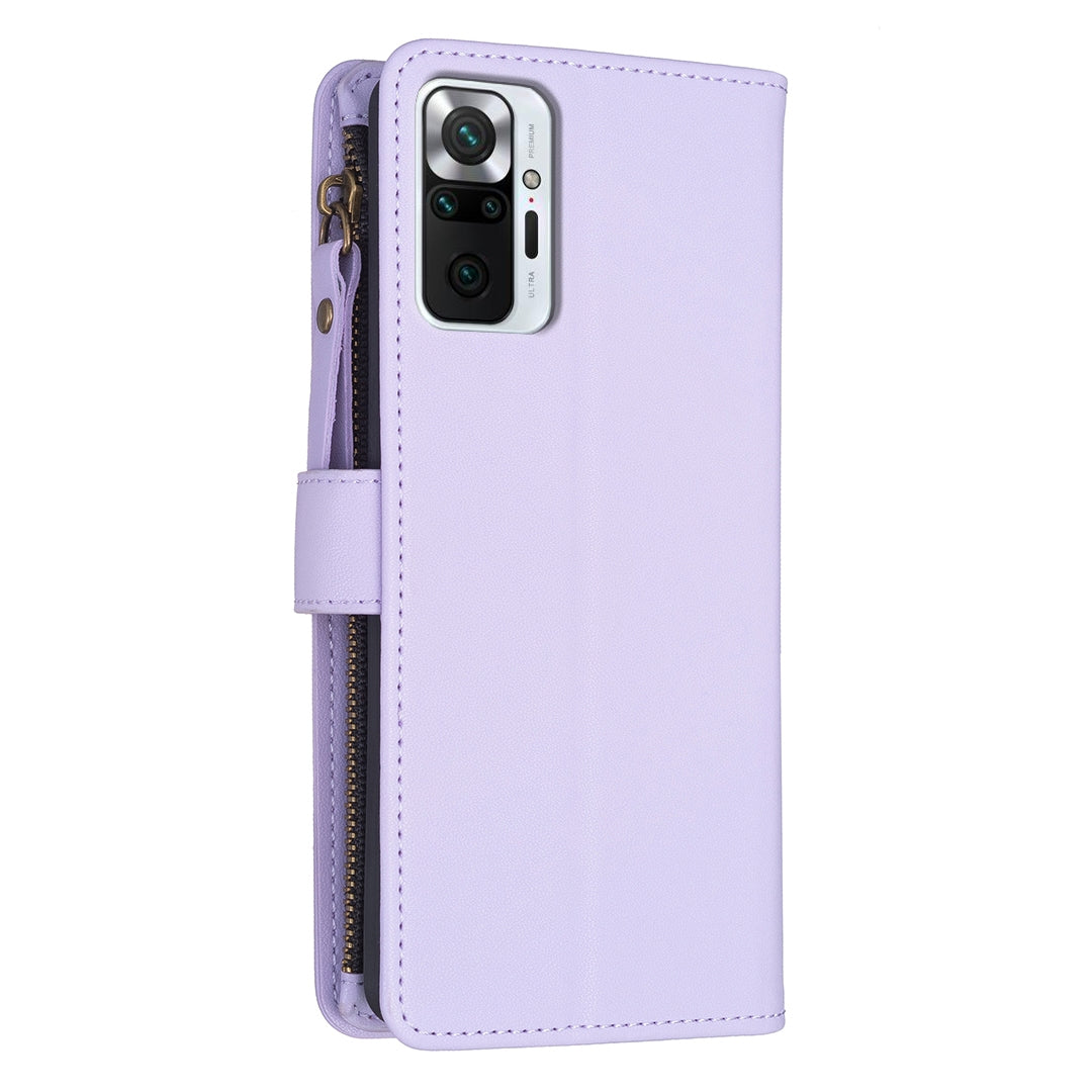 Xiaomi Redmi Note 10 Pro Leather Flip Wallet Phone Case with 9 Card Slots, Zipper Compartment, and Adjustable Stand