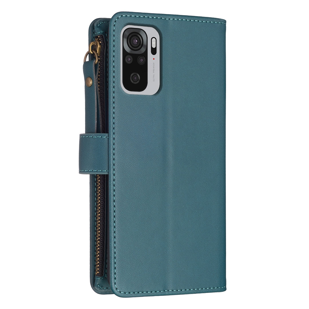 Xiaomi Redmi Note 10 Leather Flip Wallet Phone Case with 9 Card Slots, Zipper Compartment, and Adjustable Stand