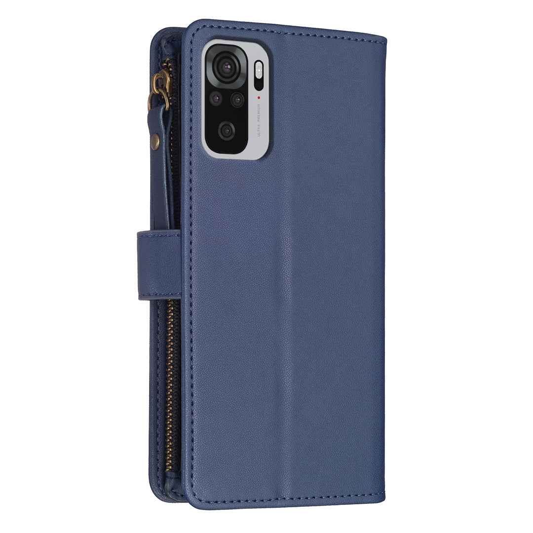 Xiaomi Redmi Note 10 Leather Flip Wallet Phone Case with 9 Card Slots, Zipper Compartment, and Adjustable Stand