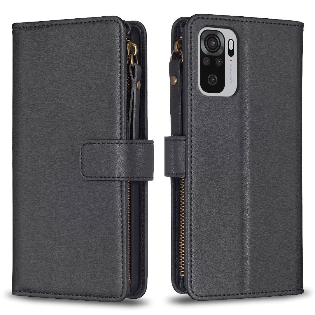 Xiaomi Redmi Note 10 Leather Flip Wallet Phone Case with 9 Card Slots, Zipper Compartment, and Adjustable Stand