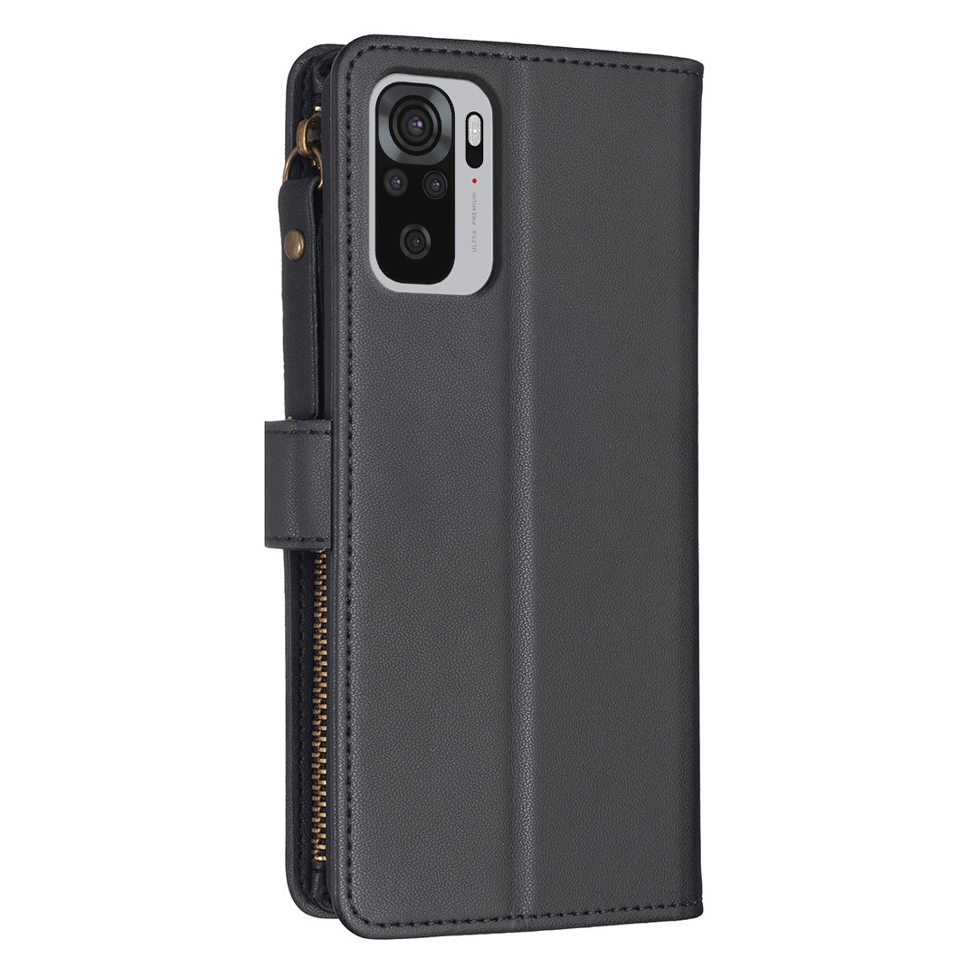 Xiaomi Redmi Note 10 Leather Flip Wallet Phone Case with 9 Card Slots, Zipper Compartment, and Adjustable Stand