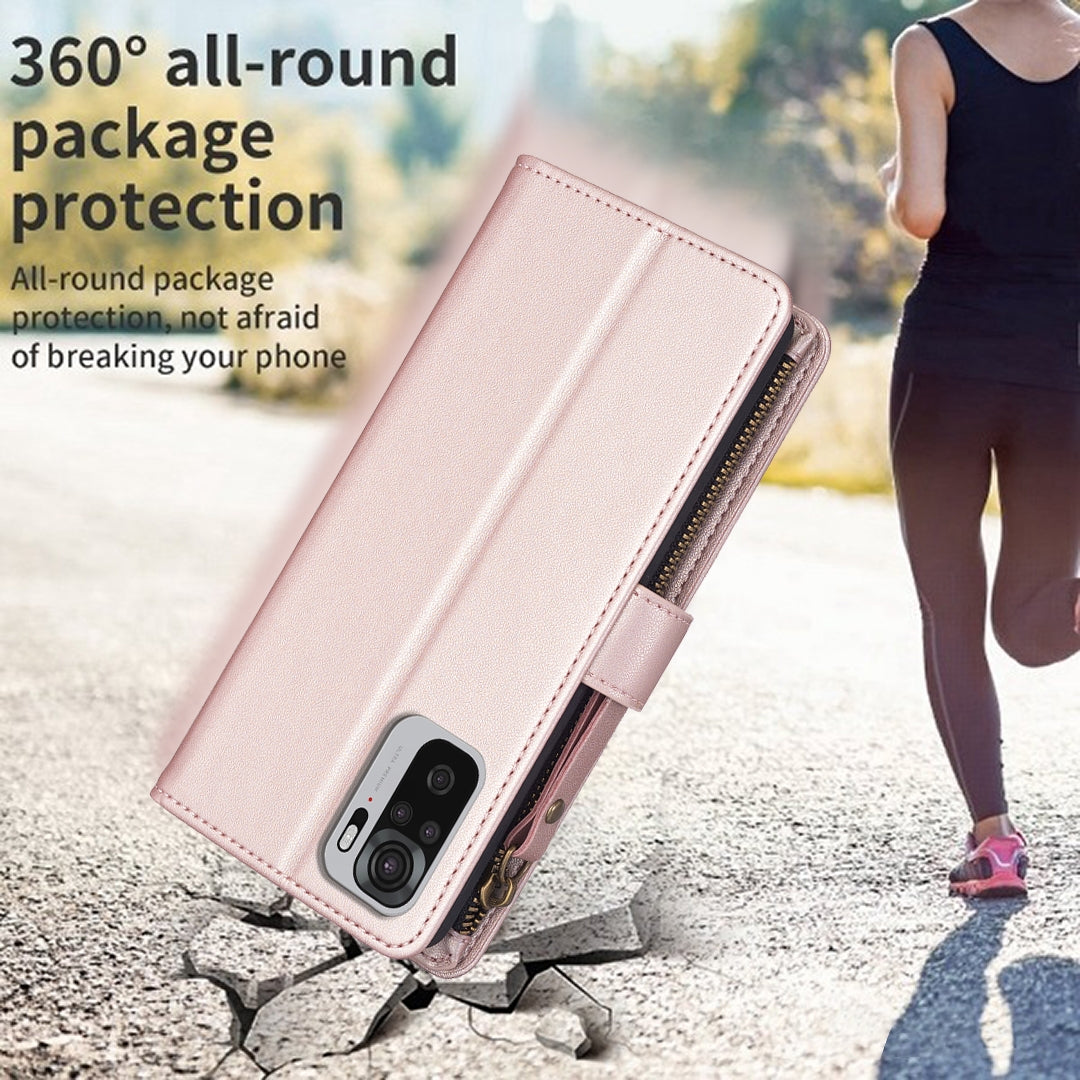 Xiaomi Redmi Note 10 Leather Flip Wallet Phone Case with 9 Card Slots, Zipper Compartment, and Adjustable Stand