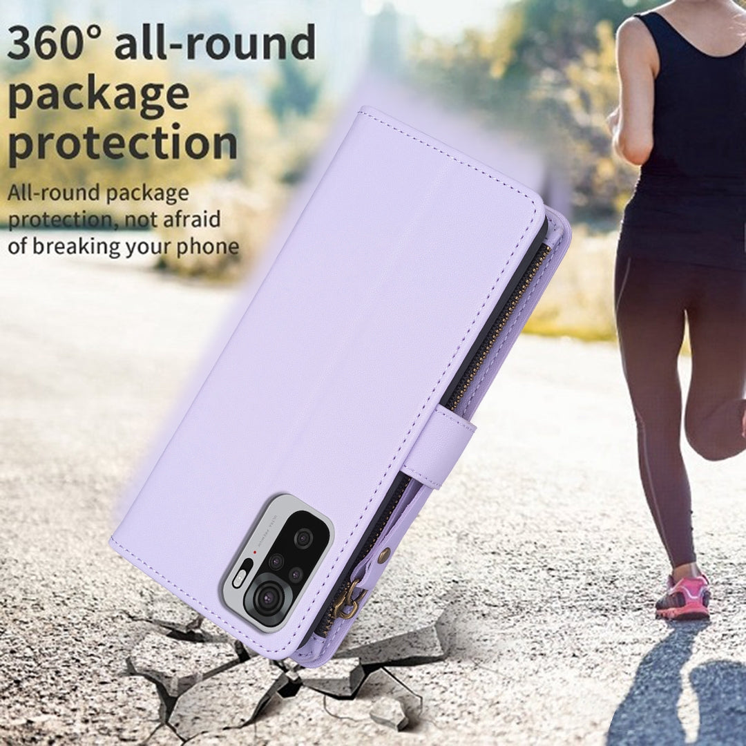 Xiaomi Redmi Note 10 Leather Flip Wallet Phone Case with 9 Card Slots, Zipper Compartment, and Adjustable Stand