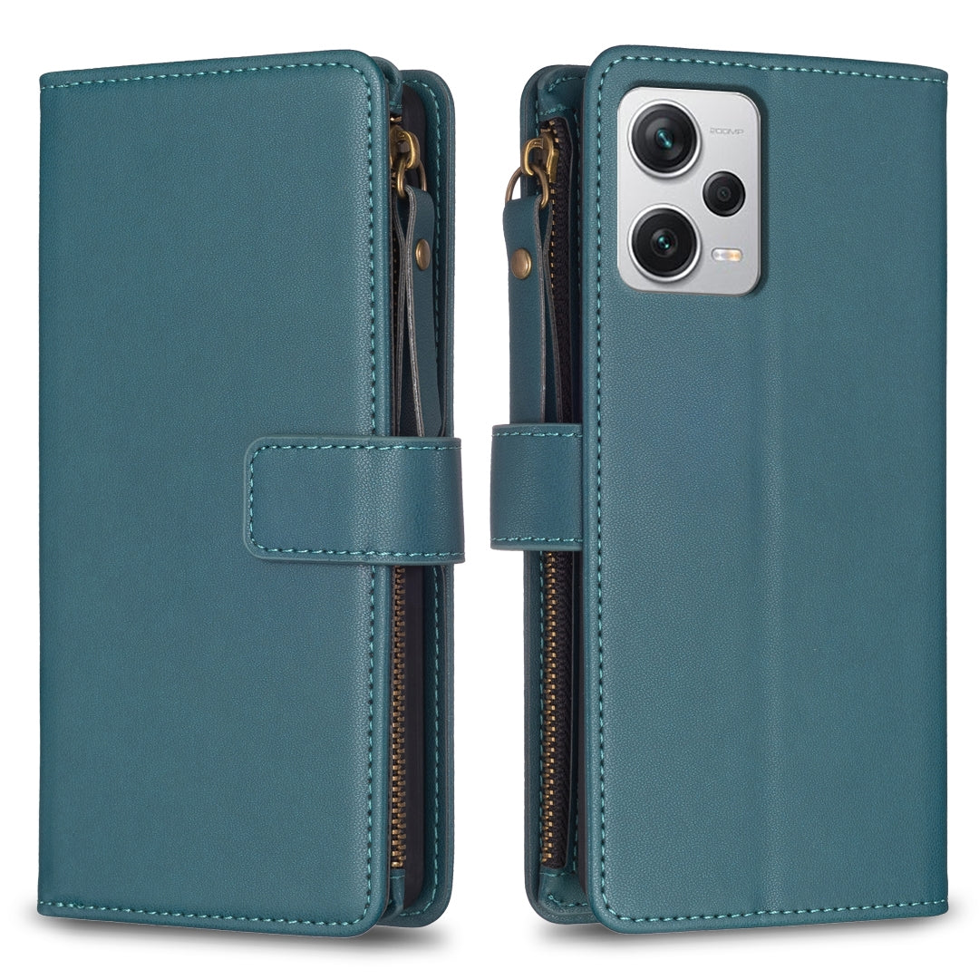Xiaomi Redmi Note 12 Pro+ 5G Global Leather Flip Wallet Phone Case with 9 Card Slots, Zipper Compartment, and Adjustable Stand