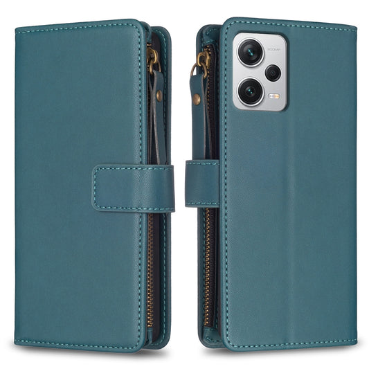 Xiaomi Redmi Note 12 Pro+ 5G Global Leather Flip Wallet Phone Case with 9 Card Slots, Zipper Compartment, and Adjustable Stand