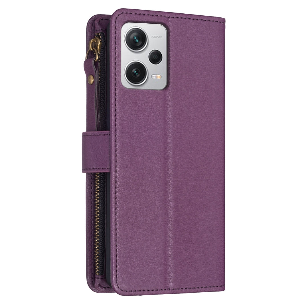 Xiaomi Redmi Note 12 Pro+ 5G Global Leather Flip Wallet Phone Case with 9 Card Slots, Zipper Compartment, and Adjustable Stand