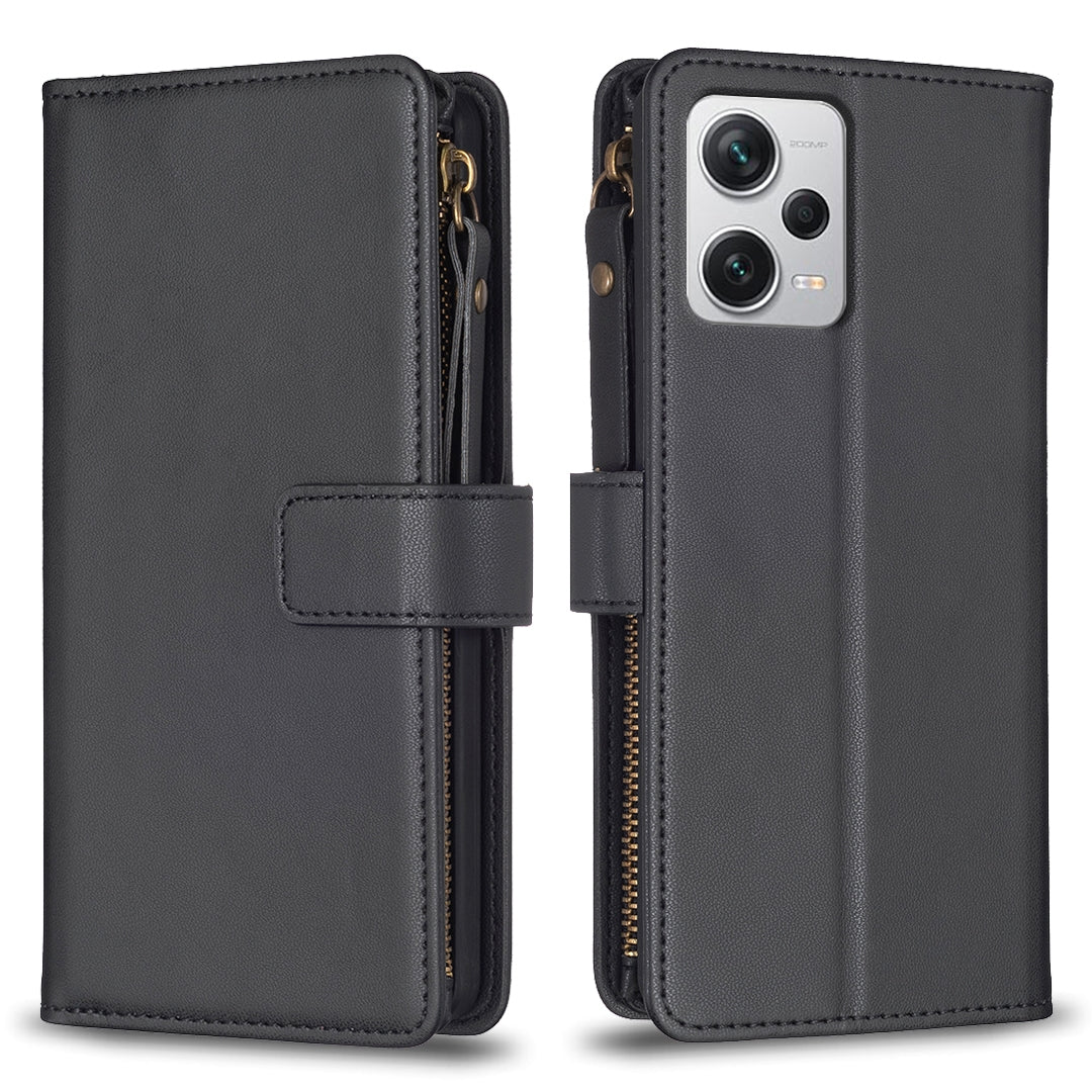 Xiaomi Redmi Note 12 Pro+ 5G Global Leather Flip Wallet Phone Case with 9 Card Slots, Zipper Compartment, and Adjustable Stand