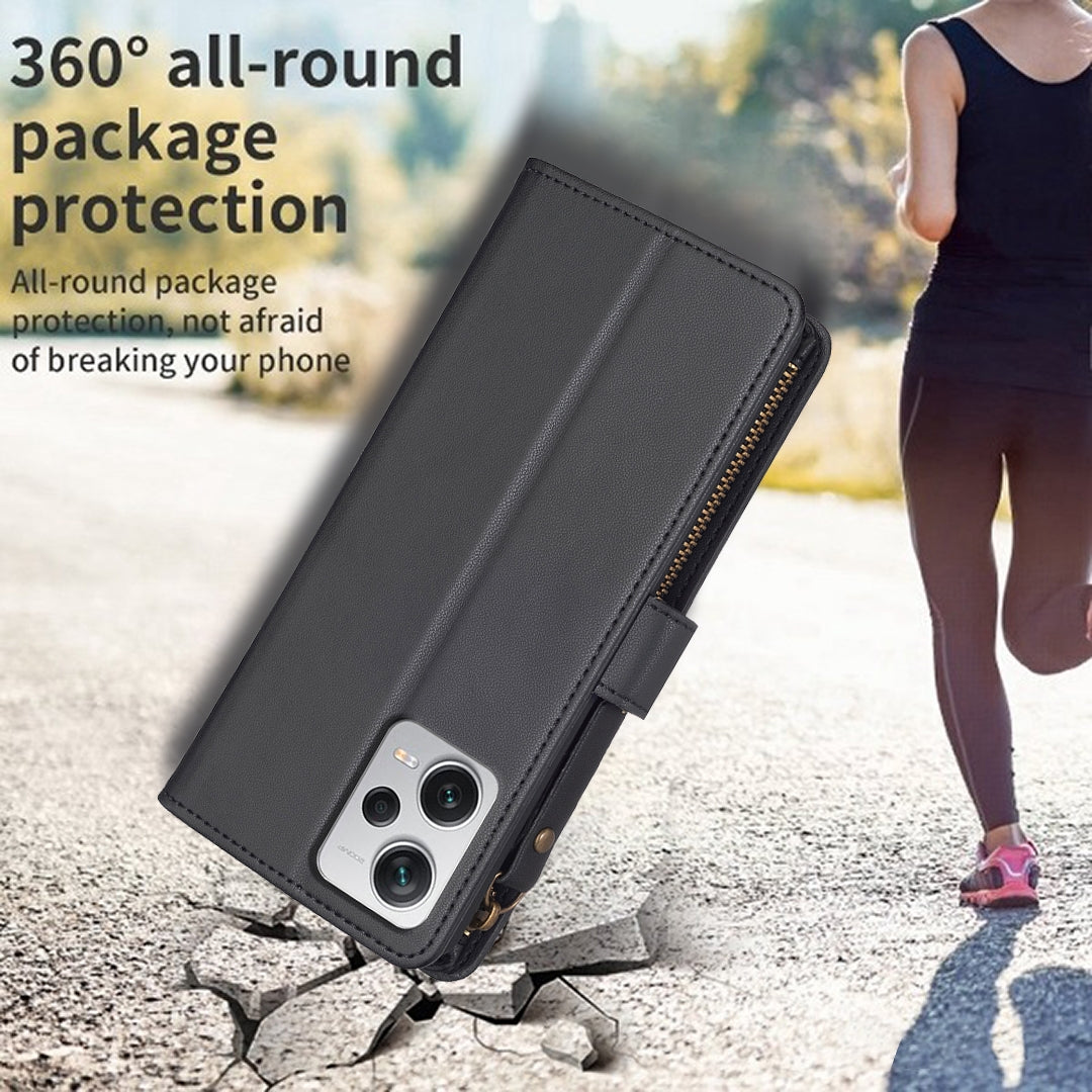 Xiaomi Redmi Note 12 Pro+ 5G Global Leather Flip Wallet Phone Case with 9 Card Slots, Zipper Compartment, and Adjustable Stand