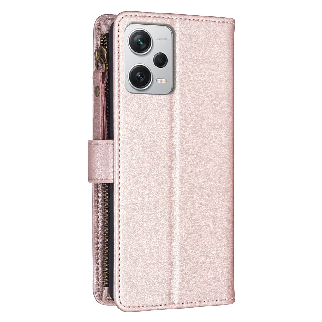Xiaomi Redmi Note 12 Pro+ 5G Global Leather Flip Wallet Phone Case with 9 Card Slots, Zipper Compartment, and Adjustable Stand