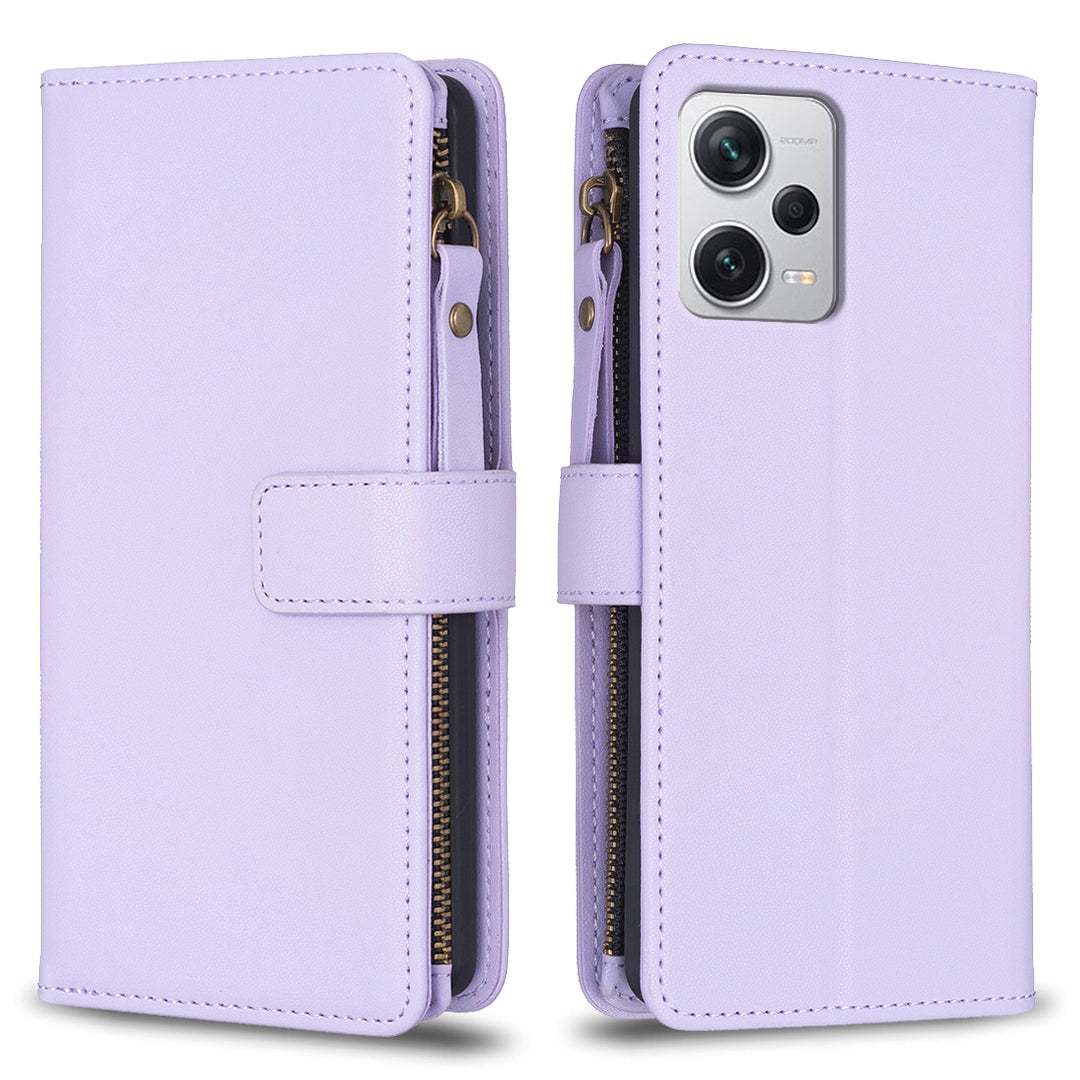 Xiaomi Redmi Note 12 Pro+ 5G Global Leather Flip Wallet Phone Case with 9 Card Slots, Zipper Compartment, and Adjustable Stand