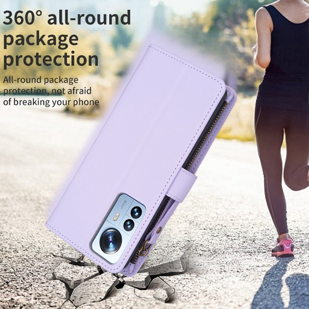 Xiaomi 12 Pro Leather Flip Wallet Phone Case with 9 Card Slots, Zipper Compartment, and Adjustable Stand