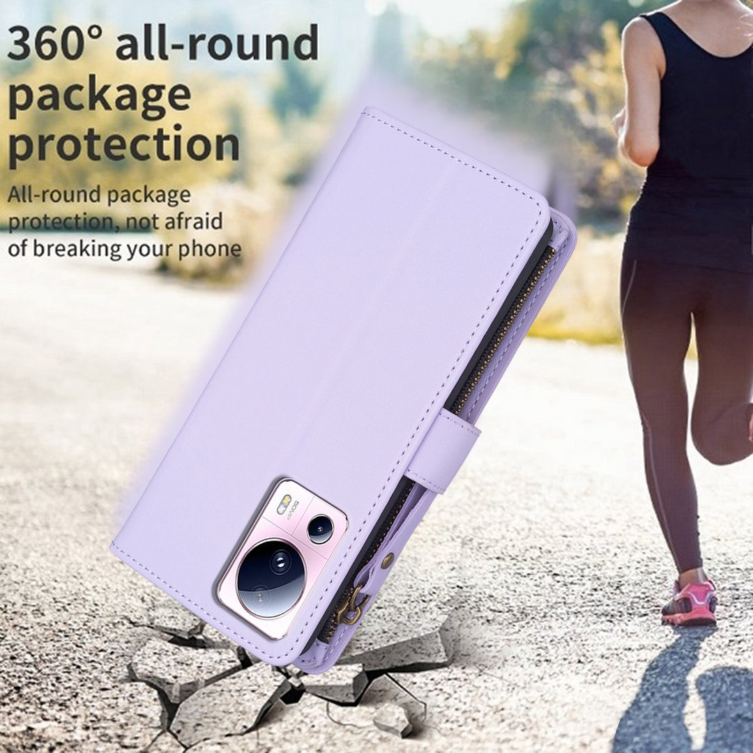 Xiaomi 13 Lite Leather Flip Wallet Phone Case with 9 Card Slots, Zipper Compartment, and Adjustable Stand