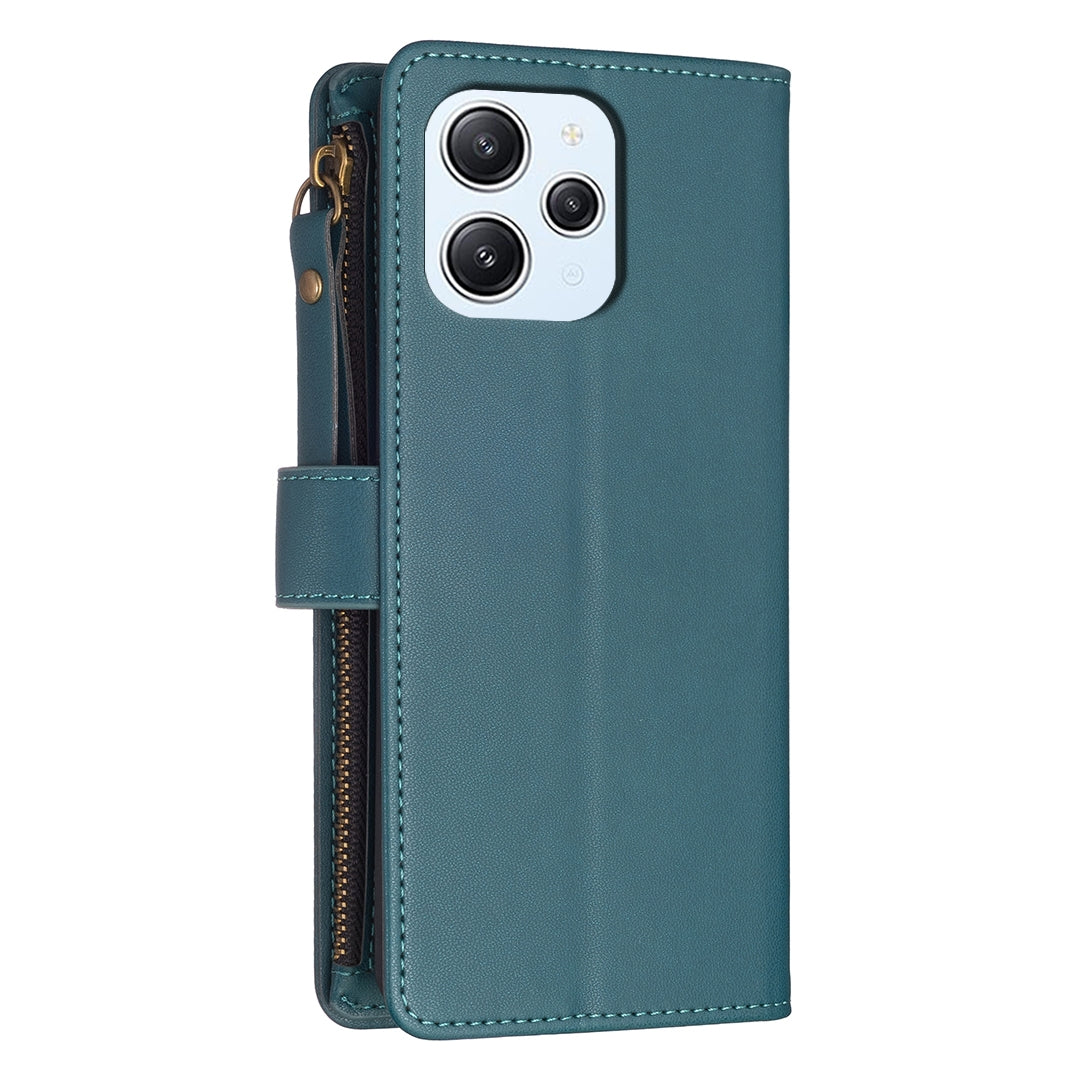 Xiaomi Redmi 12 4G Leather Flip Wallet Phone Case with 9 Card Slots, Zipper Compartment, and Adjustable Stand