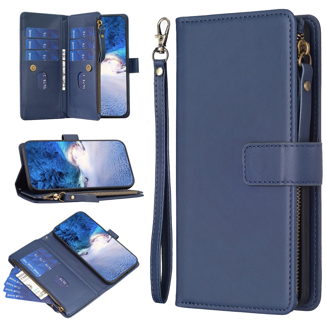 Xiaomi Redmi 12 4G Leather Flip Wallet Phone Case with 9 Card Slots, Zipper Compartment, and Adjustable Stand