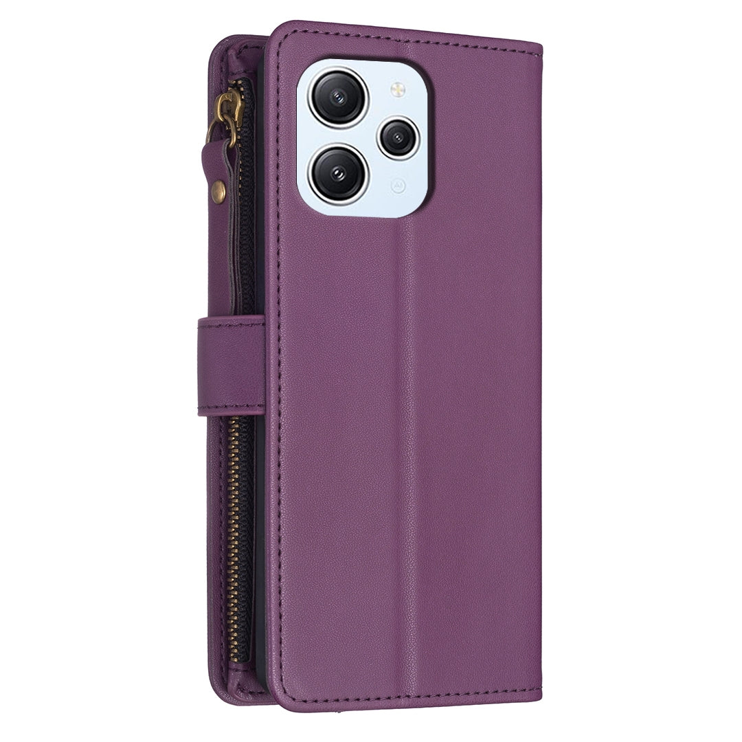 Xiaomi Redmi 12 4G Leather Flip Wallet Phone Case with 9 Card Slots, Zipper Compartment, and Adjustable Stand