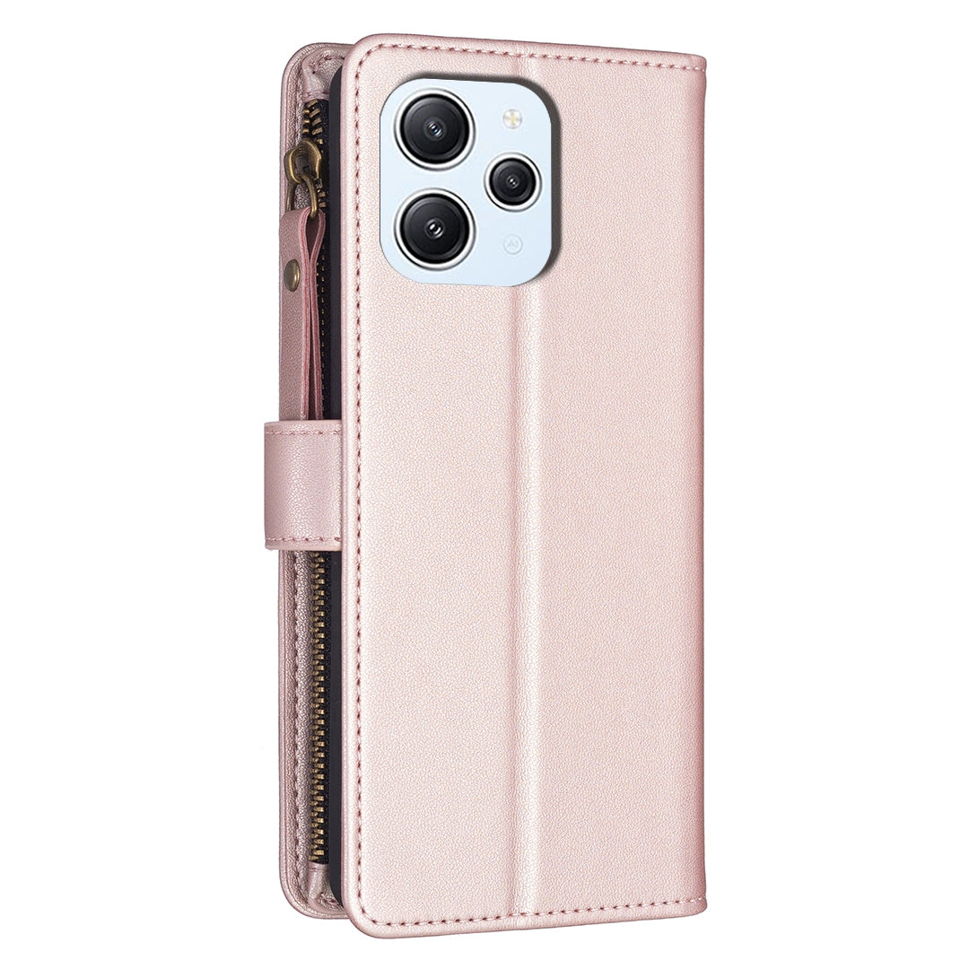 Xiaomi Redmi 12 4G Leather Flip Wallet Phone Case with 9 Card Slots, Zipper Compartment, and Adjustable Stand
