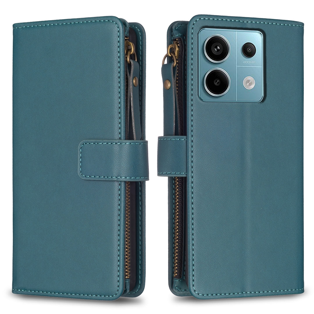 Xiaomi Redmi Note 13 Pro 5G Leather Flip Wallet Phone Case with 9 Card Slots, Zipper Compartment, and Adjustable Stand