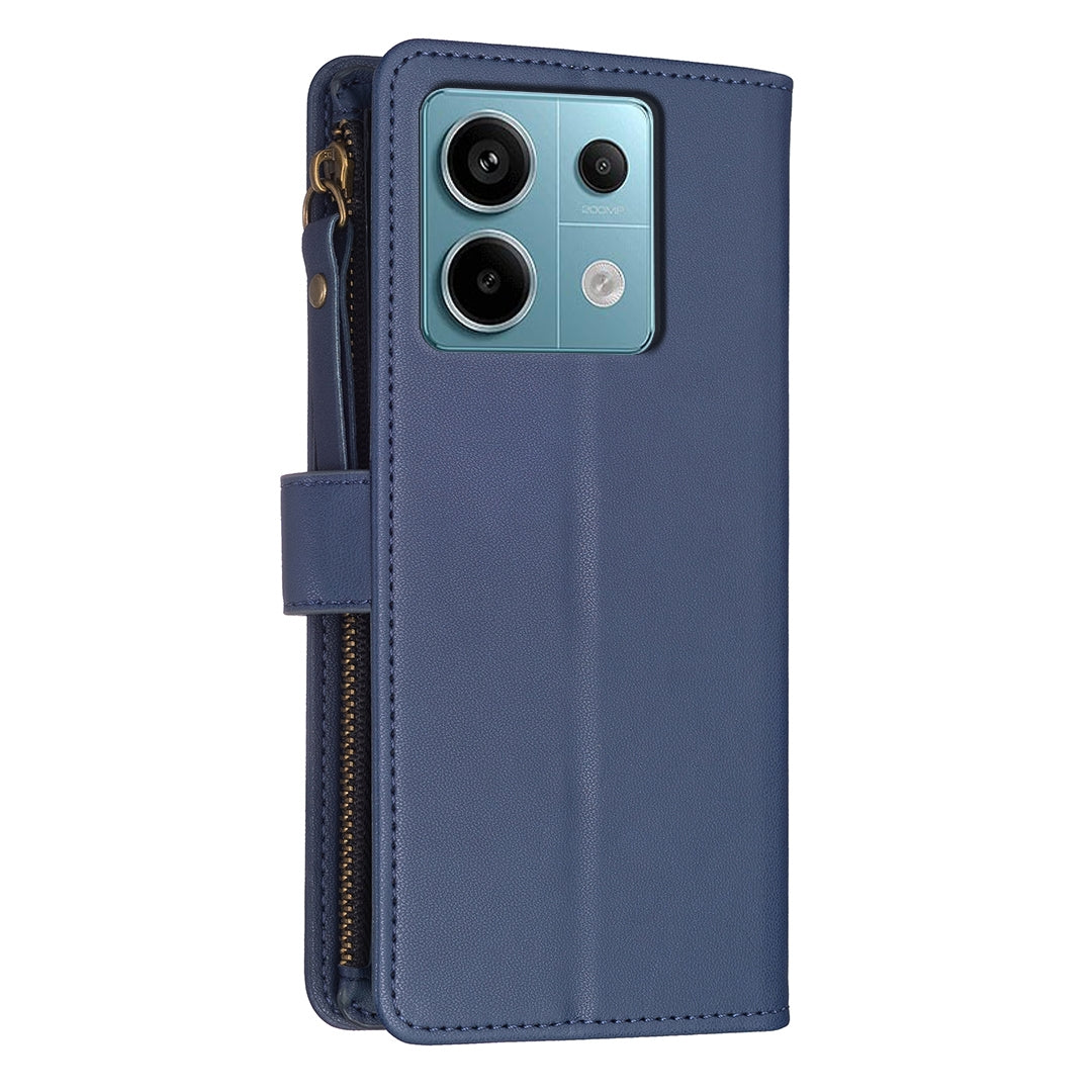 Xiaomi Redmi Note 13 Pro 5G Leather Flip Wallet Phone Case with 9 Card Slots, Zipper Compartment, and Adjustable Stand