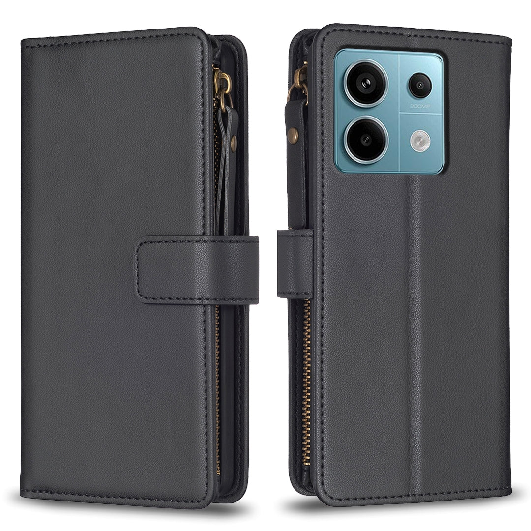 Xiaomi Redmi Note 13 Pro 5G Leather Flip Wallet Phone Case with 9 Card Slots, Zipper Compartment, and Adjustable Stand