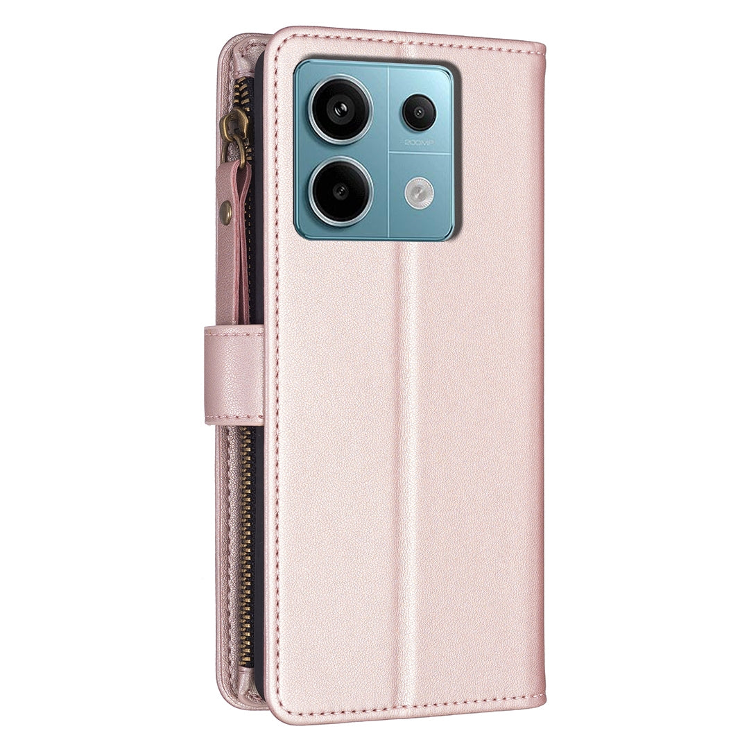 Xiaomi Redmi Note 13 Pro 5G Leather Flip Wallet Phone Case with 9 Card Slots, Zipper Compartment, and Adjustable Stand