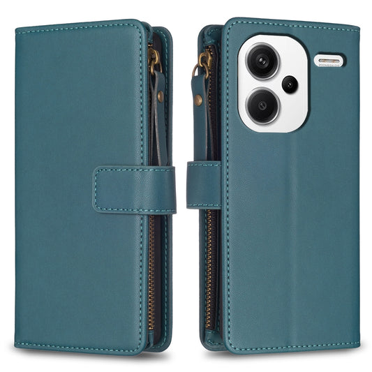 Xiaomi Redmi Note 13 Pro+ 5G Leather Flip Wallet Phone Case with 9 Card Slots, Zipper Compartment, and Adjustable Stand