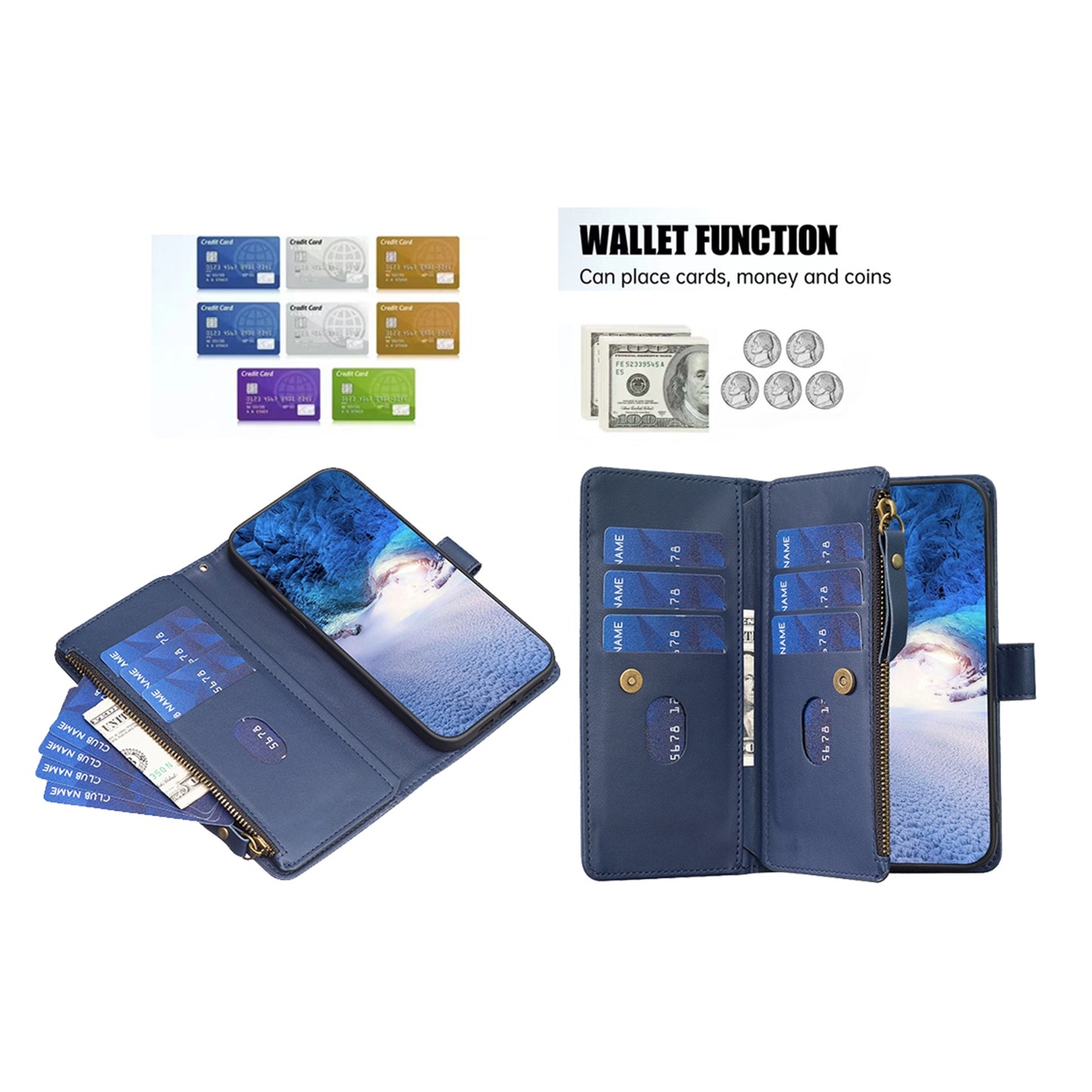 Xiaomi Redmi Note 13 Pro+ 5G Leather Flip Wallet Phone Case with 9 Card Slots, Zipper Compartment, and Adjustable Stand