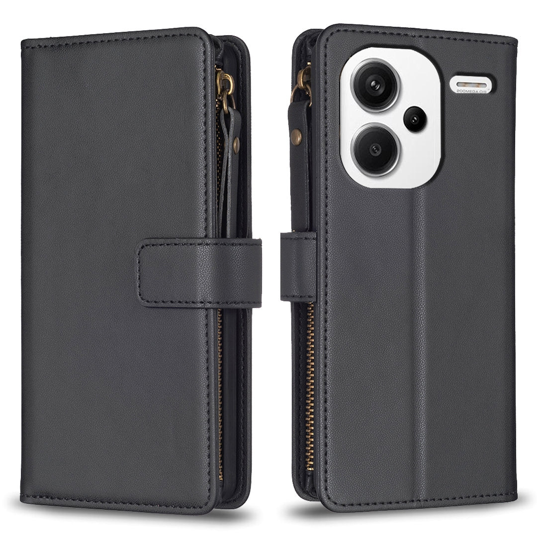 Xiaomi Redmi Note 13 Pro+ 5G Leather Flip Wallet Phone Case with 9 Card Slots, Zipper Compartment, and Adjustable Stand