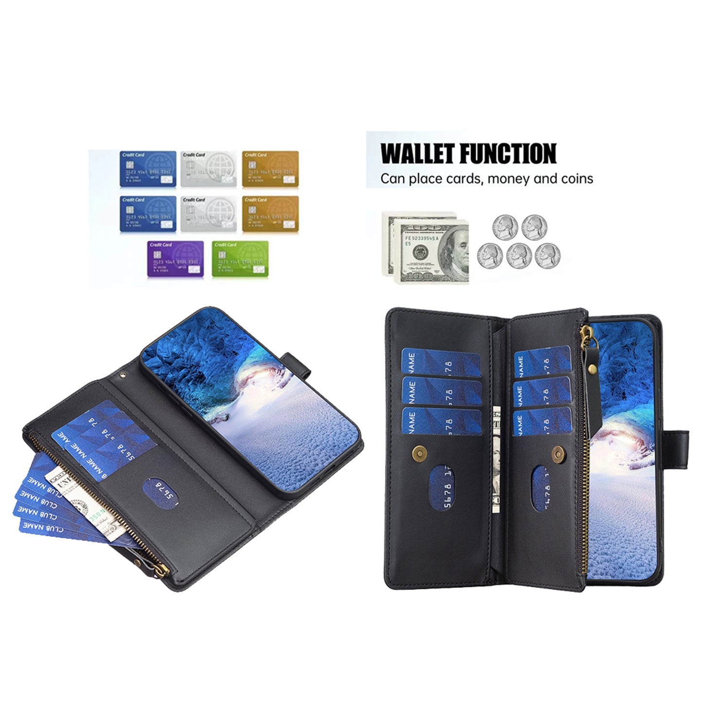 Xiaomi Redmi Note 13 Pro+ 5G Leather Flip Wallet Phone Case with 9 Card Slots, Zipper Compartment, and Adjustable Stand