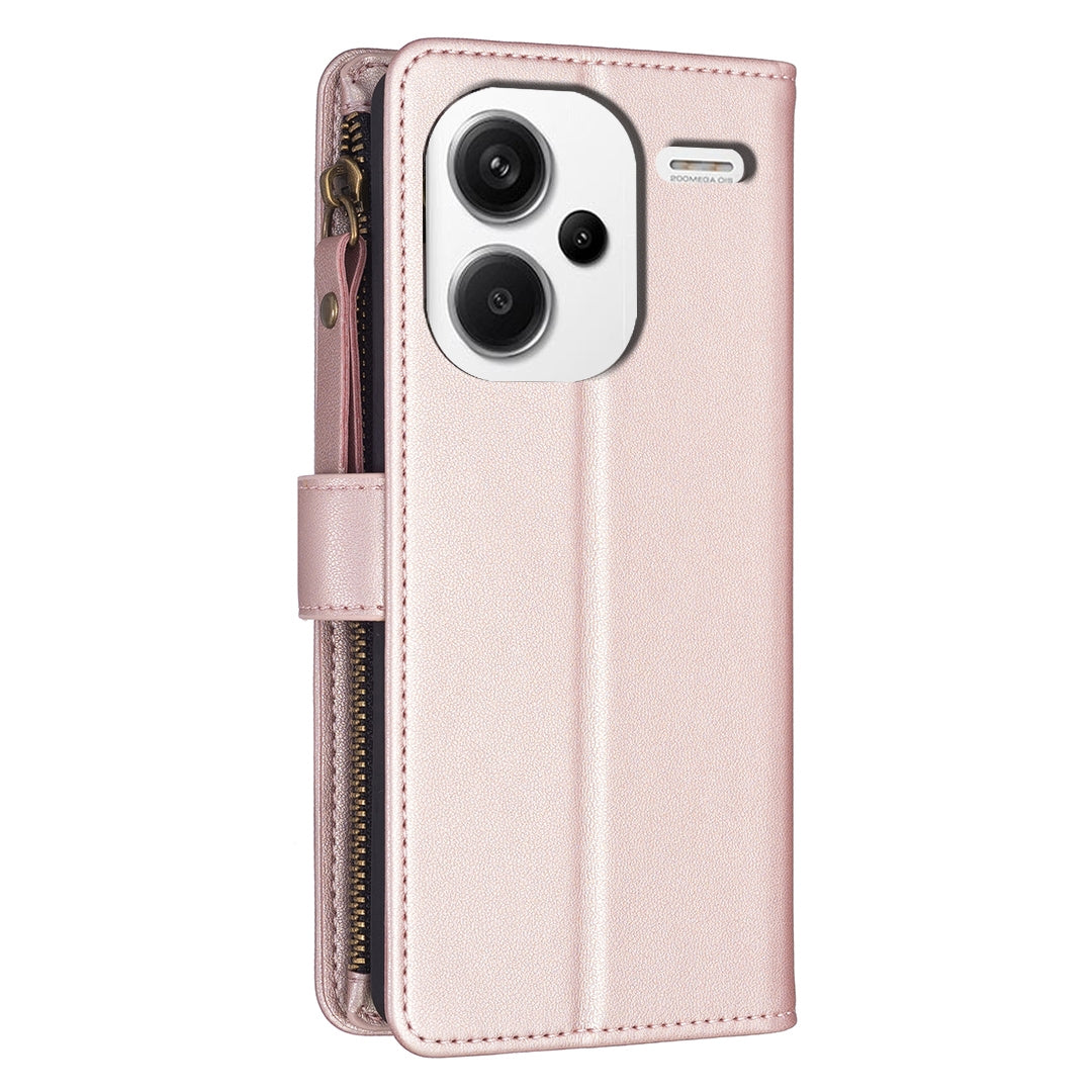 Xiaomi Redmi Note 13 Pro+ 5G Leather Flip Wallet Phone Case with 9 Card Slots, Zipper Compartment, and Adjustable Stand