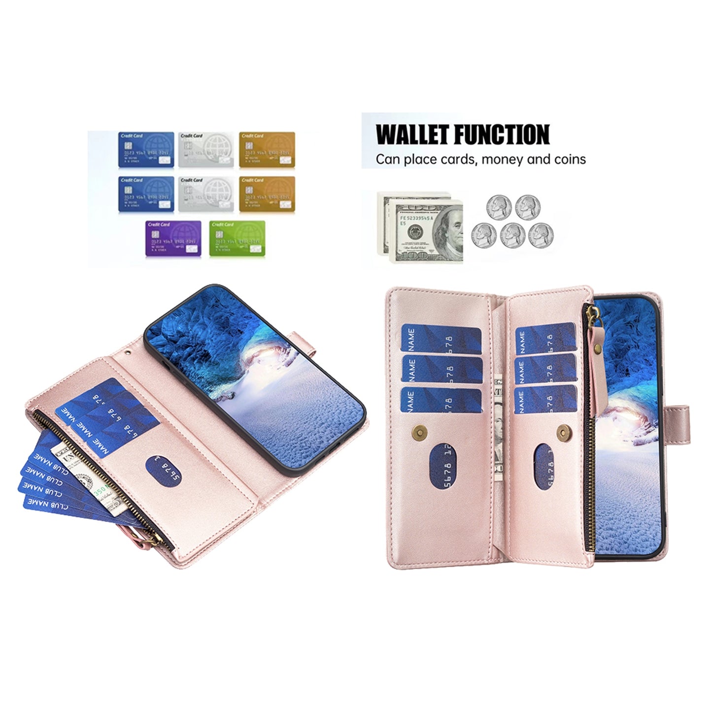 Xiaomi Redmi Note 13 Pro+ 5G Leather Flip Wallet Phone Case with 9 Card Slots, Zipper Compartment, and Adjustable Stand