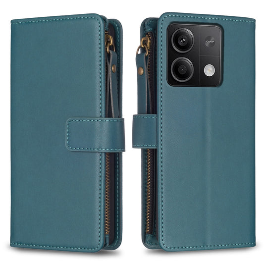 Xiaomi Redmi Note 13 Leather Flip Wallet Phone Case with 9 Card Slots, Zipper Compartment, and Adjustable Stand