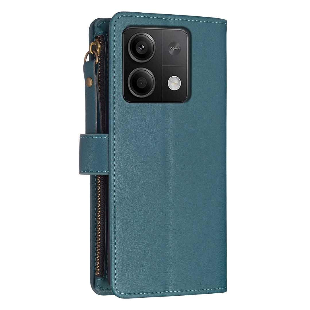 Xiaomi Redmi Note 13 Leather Flip Wallet Phone Case with 9 Card Slots, Zipper Compartment, and Adjustable Stand