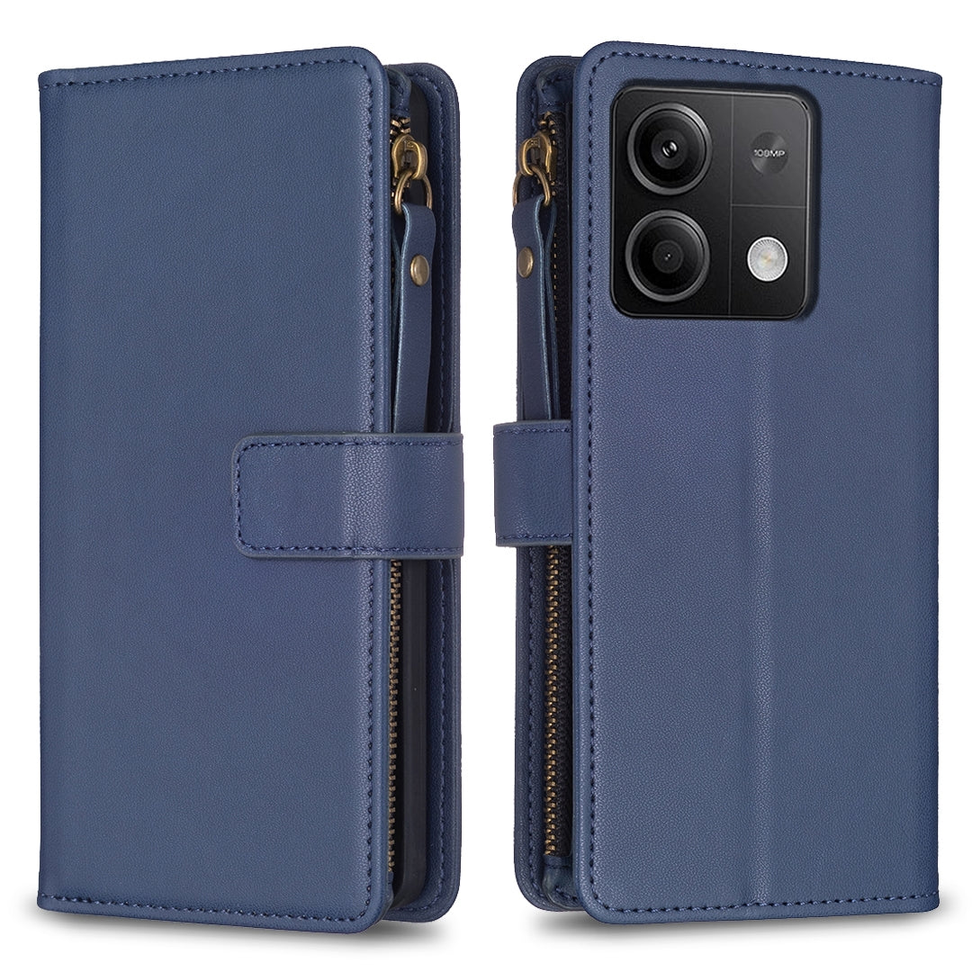 Xiaomi Redmi Note 13 Leather Flip Wallet Phone Case with 9 Card Slots, Zipper Compartment, and Adjustable Stand