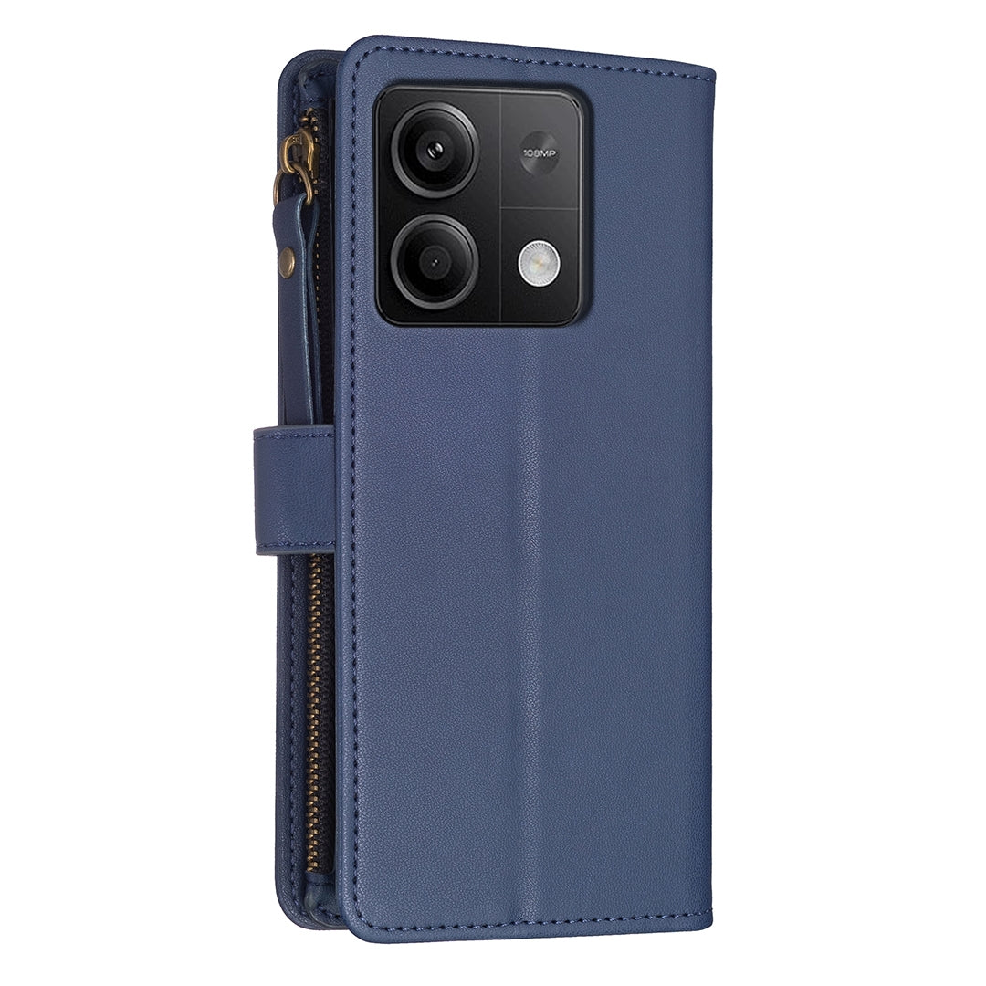 Xiaomi Redmi Note 13 Leather Flip Wallet Phone Case with 9 Card Slots, Zipper Compartment, and Adjustable Stand