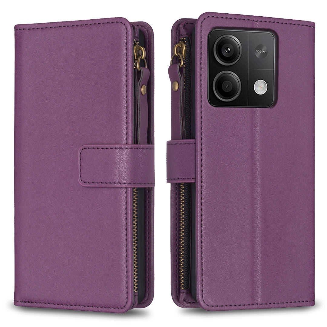 Xiaomi Redmi Note 13 Leather Flip Wallet Phone Case with 9 Card Slots, Zipper Compartment, and Adjustable Stand