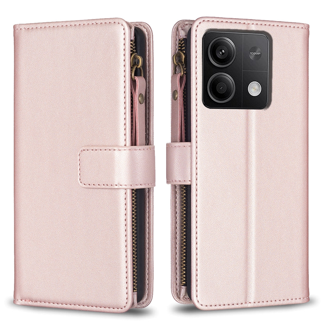 Xiaomi Redmi Note 13 Leather Flip Wallet Phone Case with 9 Card Slots, Zipper Compartment, and Adjustable Stand