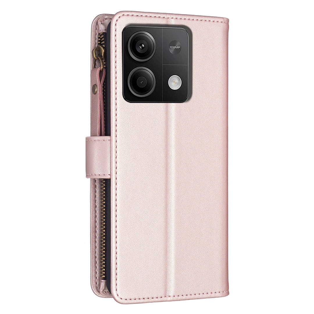 Xiaomi Redmi Note 13 Leather Flip Wallet Phone Case with 9 Card Slots, Zipper Compartment, and Adjustable Stand