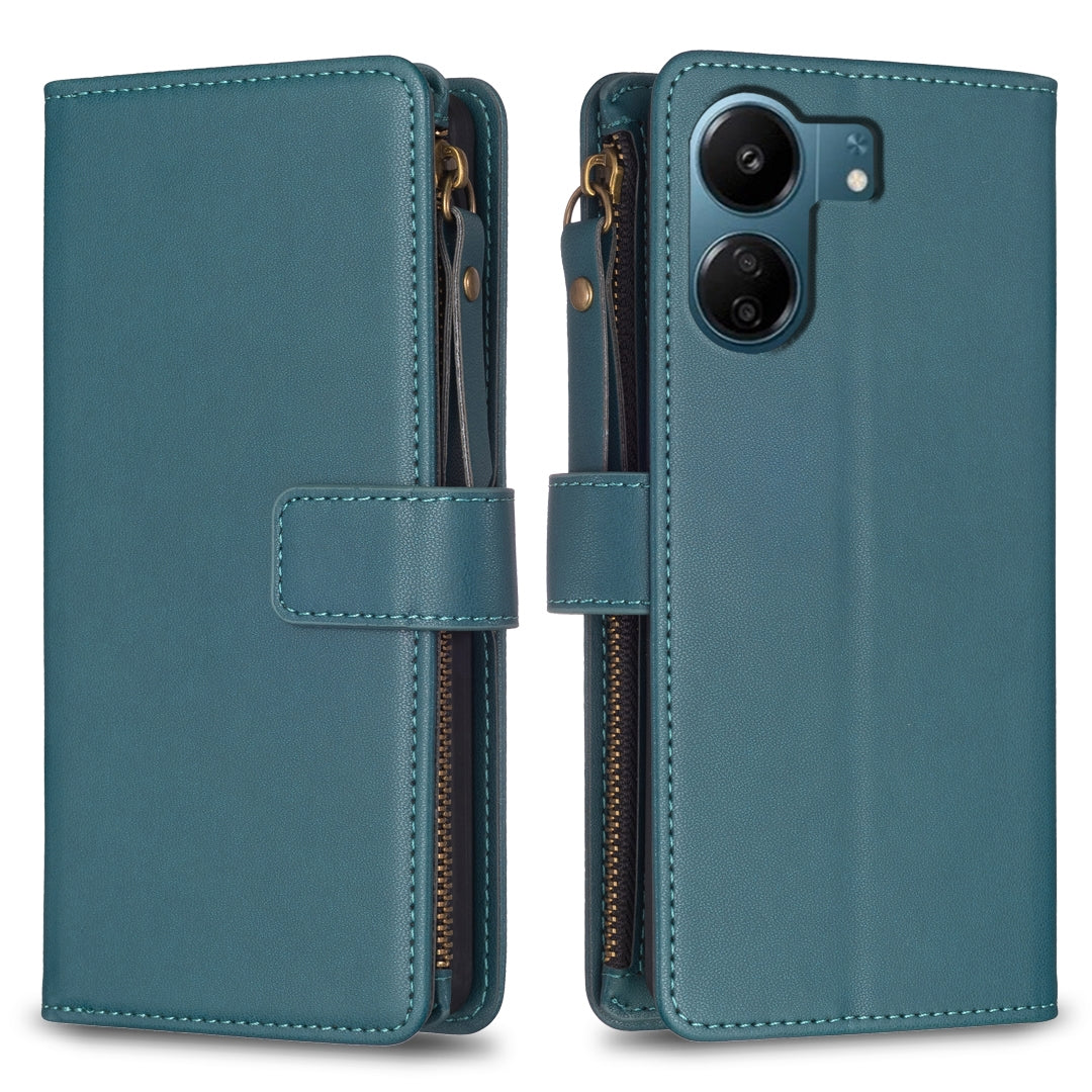 Xiaomi Redmi 13C Leather Flip Wallet Phone Case with 9 Card Slots, Zipper Compartment, and Adjustable Stand