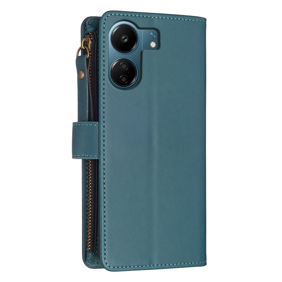 Xiaomi Redmi 13C Leather Flip Wallet Phone Case with 9 Card Slots, Zipper Compartment, and Adjustable Stand