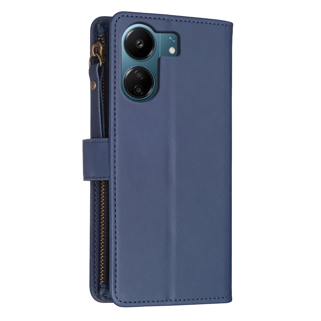 Xiaomi Redmi 13C Leather Flip Wallet Phone Case with 9 Card Slots, Zipper Compartment, and Adjustable Stand
