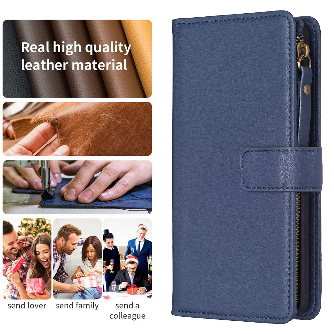 Xiaomi Redmi 13C Leather Flip Wallet Phone Case with 9 Card Slots, Zipper Compartment, and Adjustable Stand