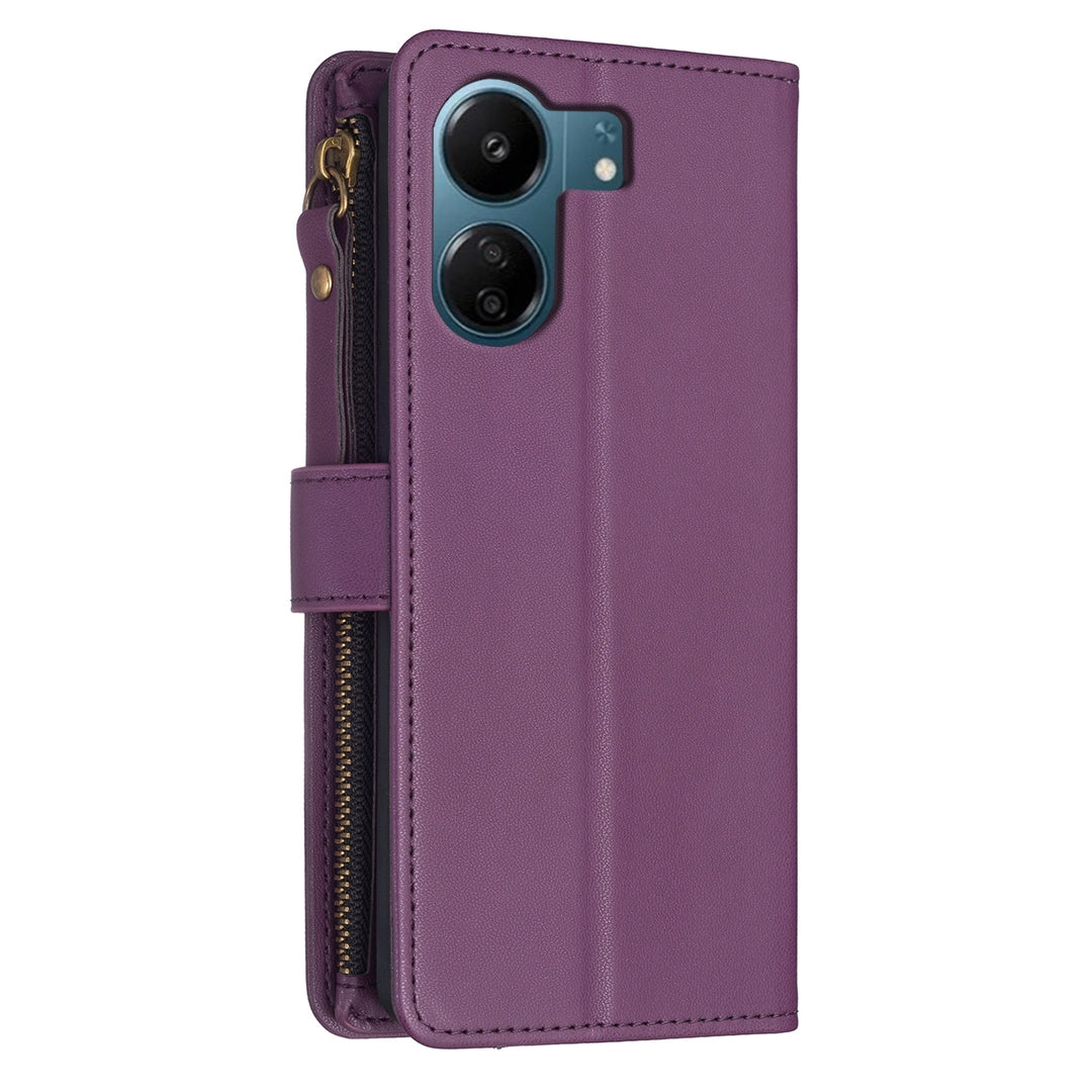 Xiaomi Redmi 13C Leather Flip Wallet Phone Case with 9 Card Slots, Zipper Compartment, and Adjustable Stand