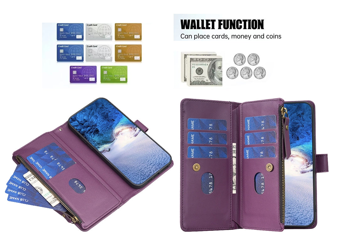 Xiaomi Redmi 13C Leather Flip Wallet Phone Case with 9 Card Slots, Zipper Compartment, and Adjustable Stand