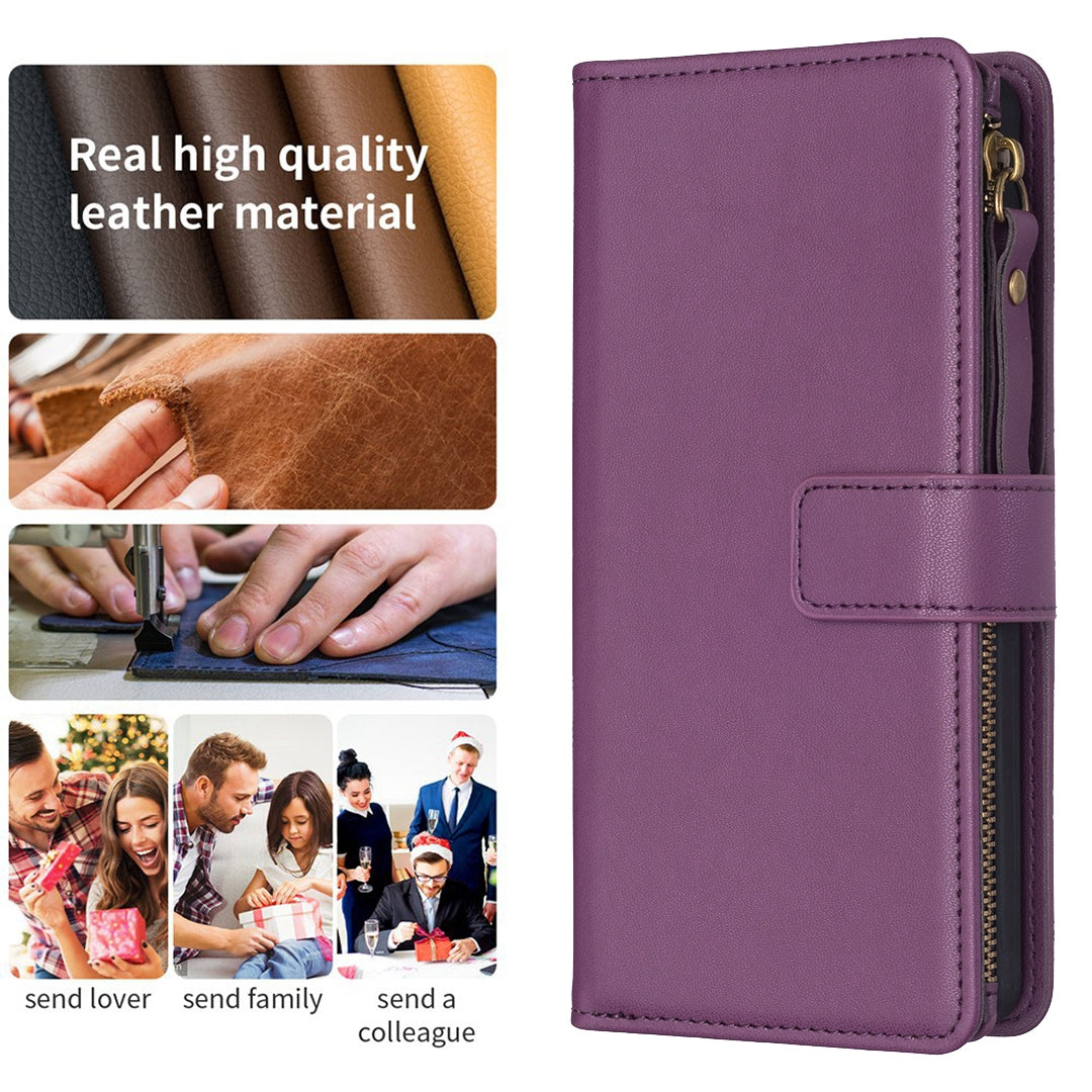 Xiaomi Redmi 13C Leather Flip Wallet Phone Case with 9 Card Slots, Zipper Compartment, and Adjustable Stand