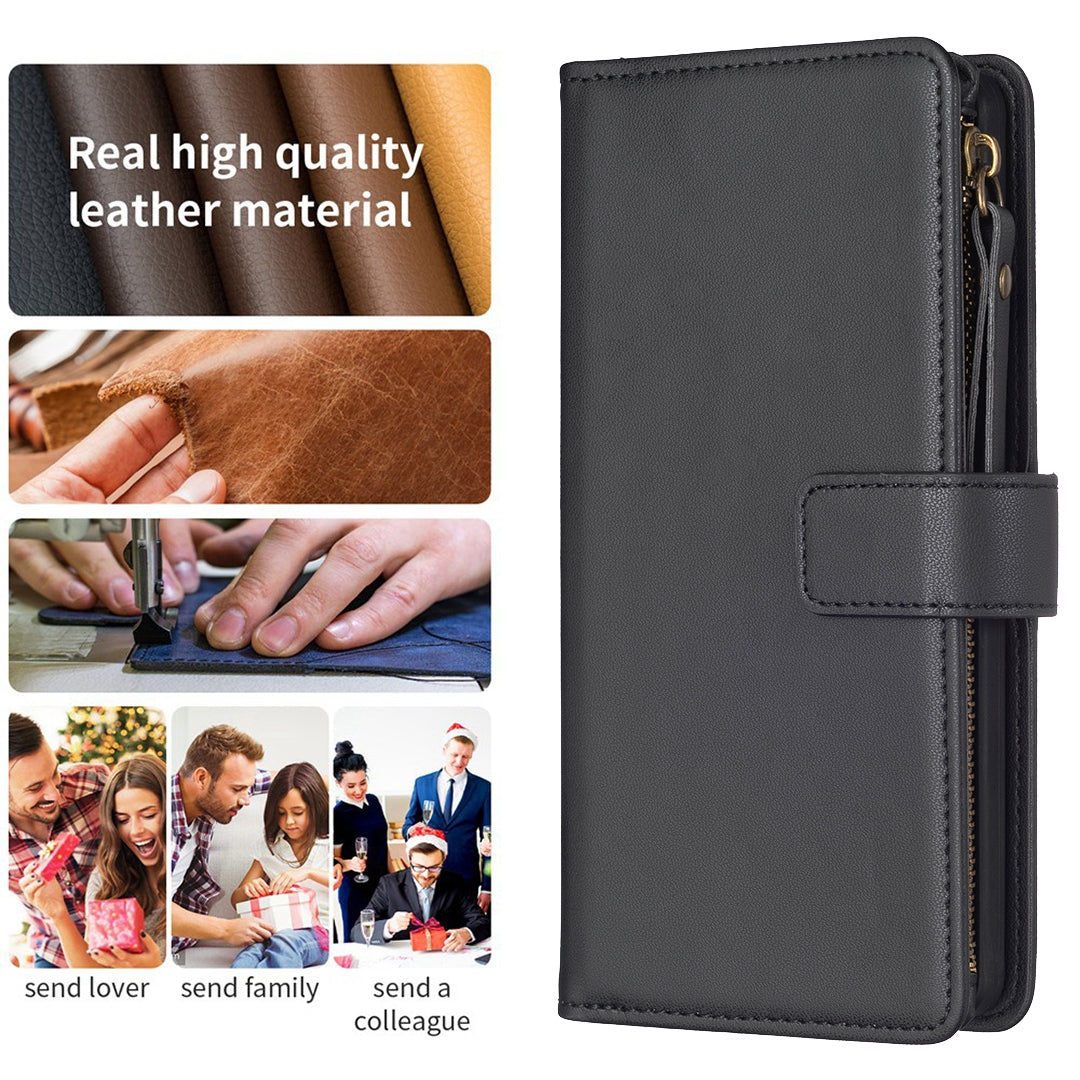 Xiaomi Redmi 13C Leather Flip Wallet Phone Case with 9 Card Slots, Zipper Compartment, and Adjustable Stand