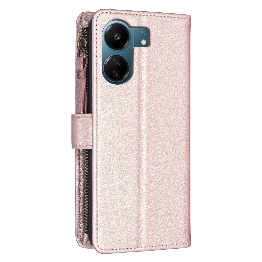 Xiaomi Redmi 13C Leather Flip Wallet Phone Case with 9 Card Slots, Zipper Compartment, and Adjustable Stand
